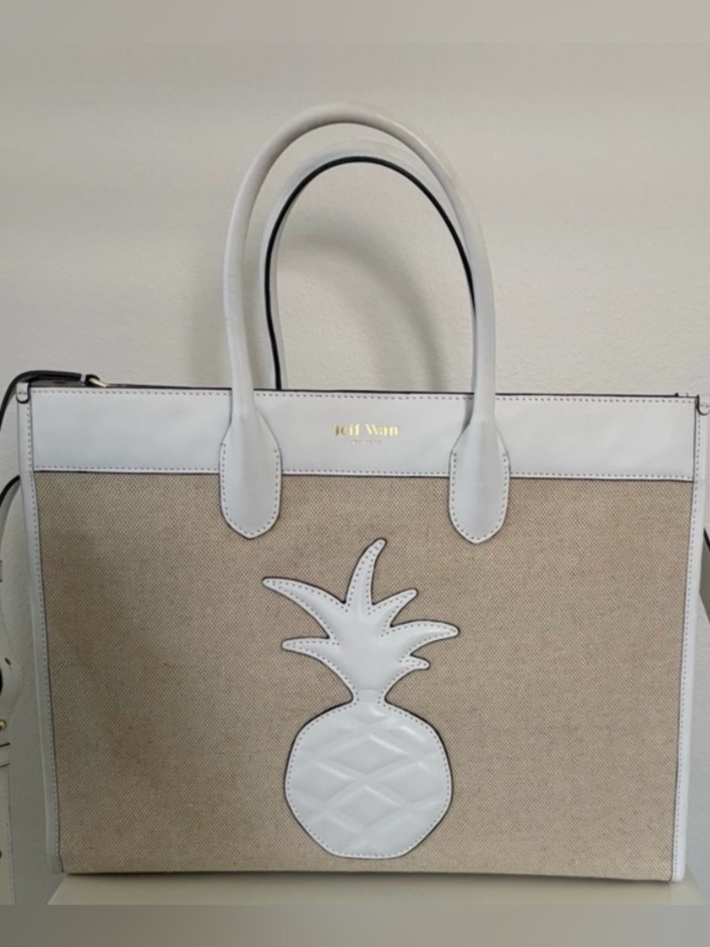 Jeff Wan White & Natural Canvas Pineapple Tote with Removable Strap